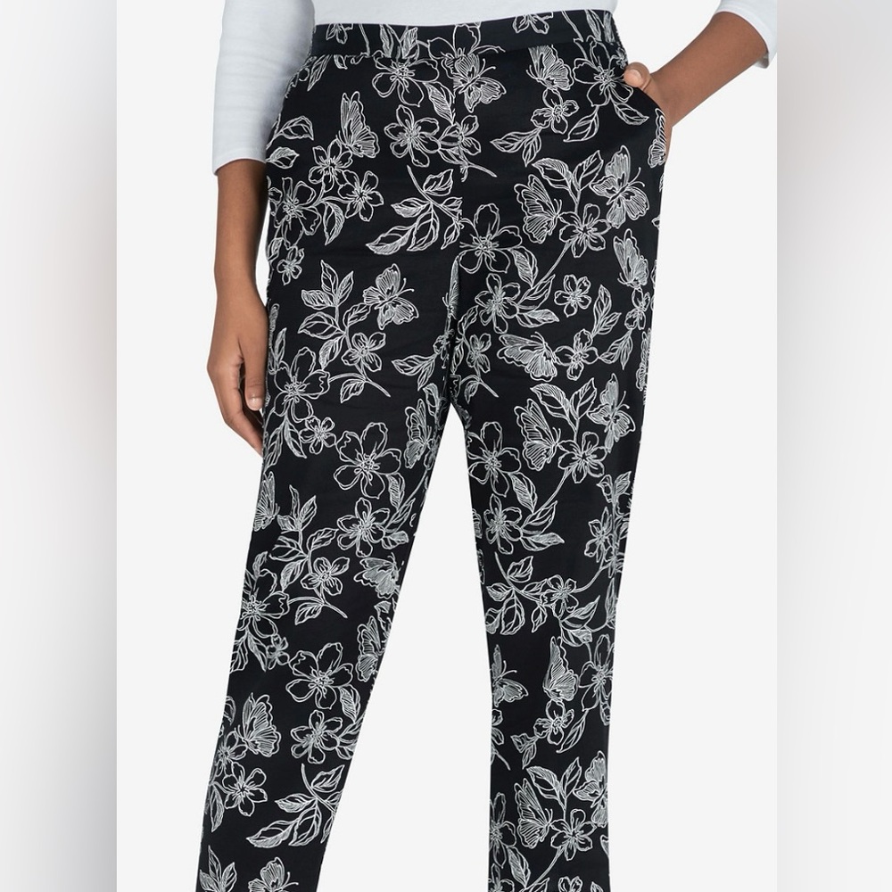 Alfred Dunner Butterfly Floral Print Black & White Pants, Size 14